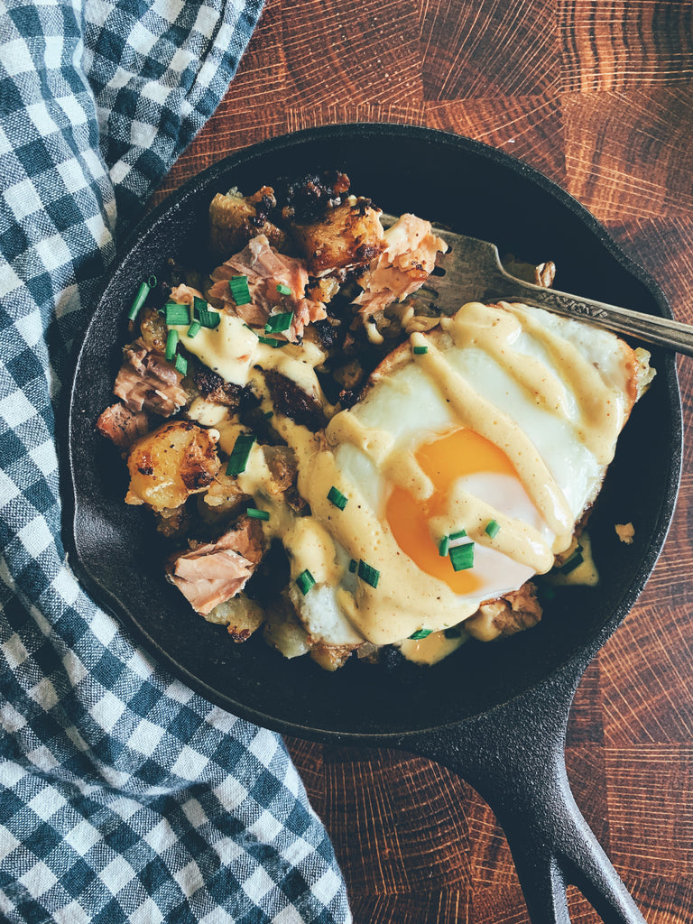 Salmon Hash with Fried Eggs and Cajun Hollandaise