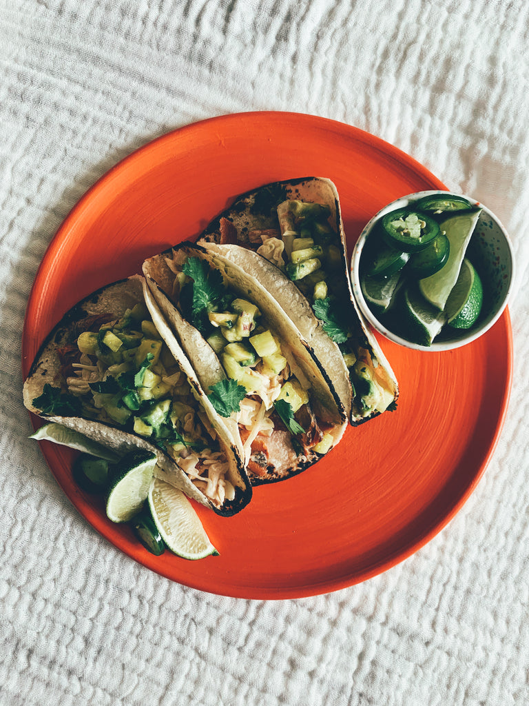 Salmon Tacos with Pineapple Avocado Salsa and Chipotle Slaw