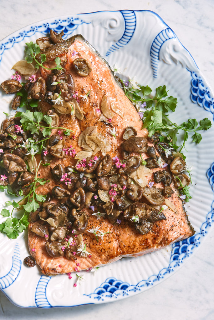 Seared Coho Salmon with Shaved Garlic & Wild Mushrooms