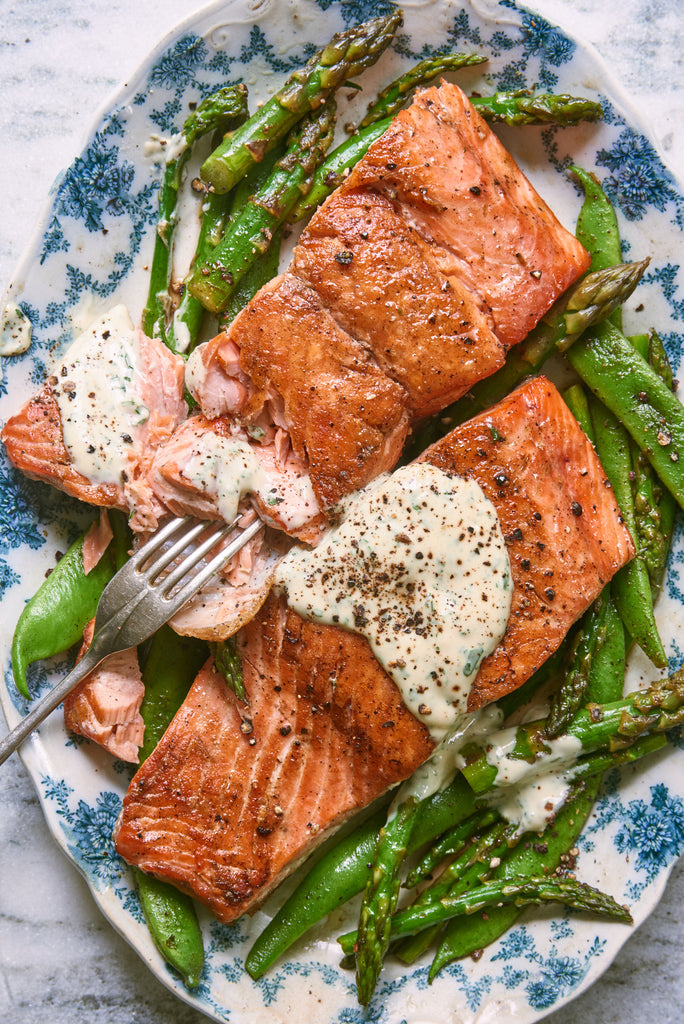 Wild Salmon, Scarlet Runner Beans and Asparagus with Tarragon Dijon Mayo