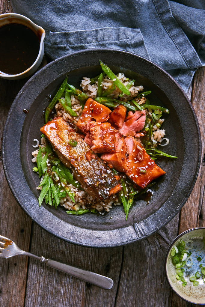 Wild Salmon Teriyaki with Snow Peas and Brown Rice