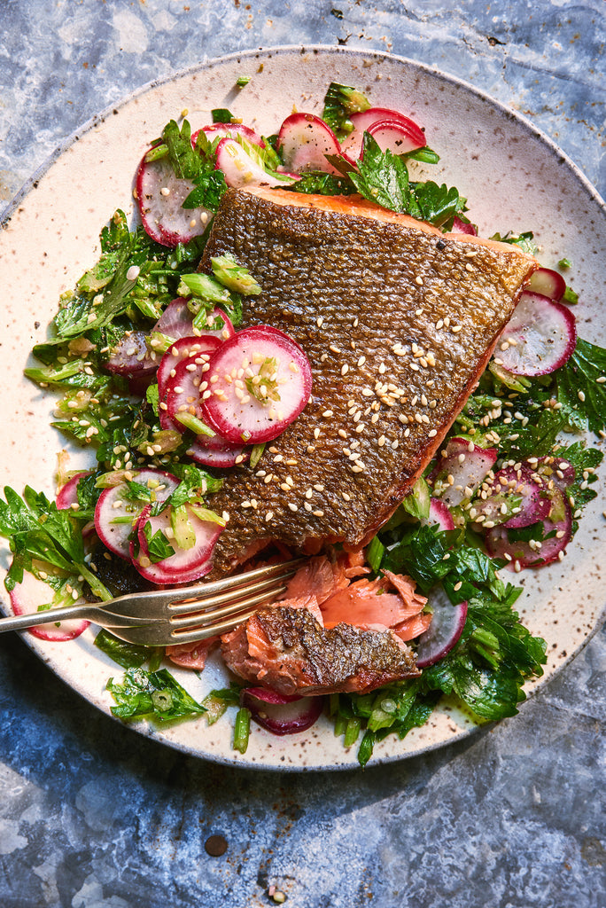 Crispy skin salmon with Celery-Radish Slaw