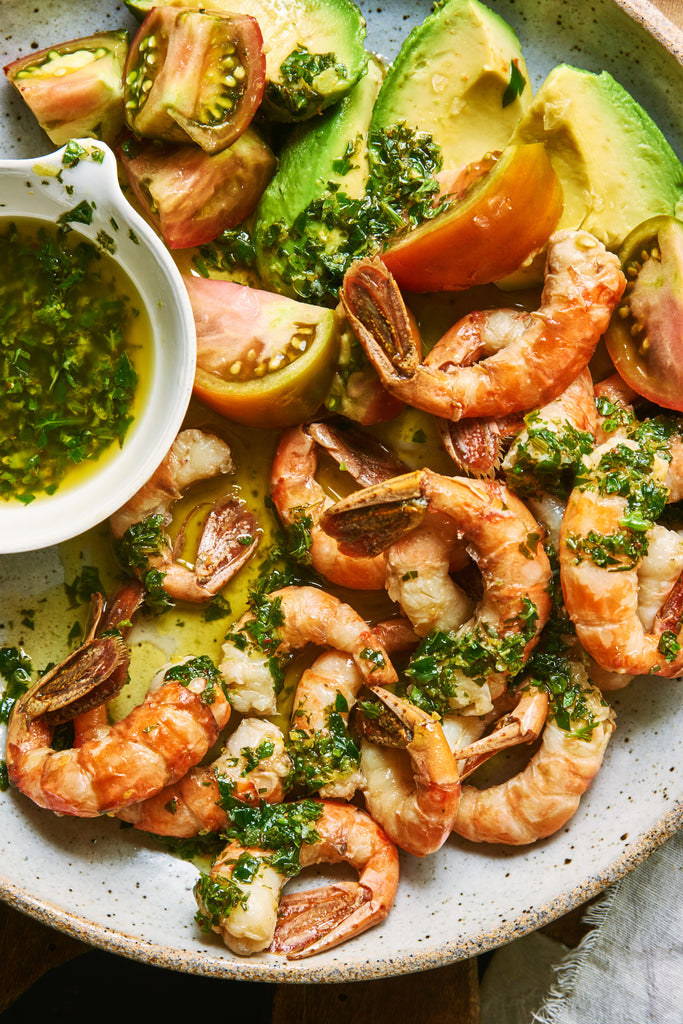 Salmoriglio with Spot Prawns, Tomatoes, + Avocado