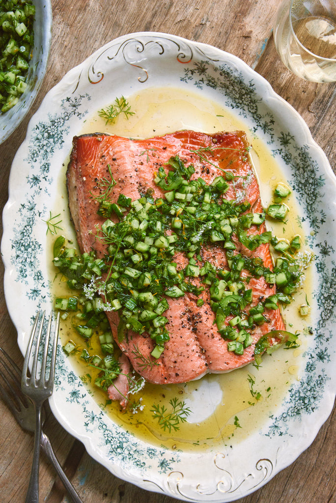 Cucumber & Garlic Scape Salsa-Dressed Pan Roasted Salmon