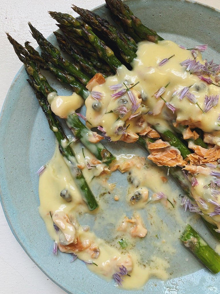 Asparagus with Hollandaise, Sockeye Salmon, Crispy Capers and Chive Flowers