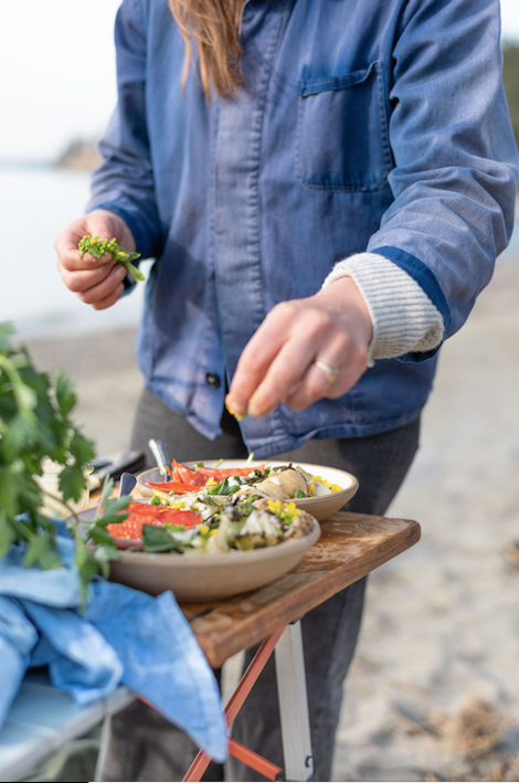 Smoked Salmon Salad with Grilled Spring Vegetables and Tahini Lemon Dressing