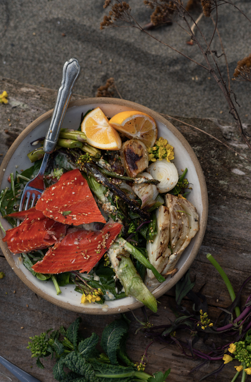 Smoked Salmon Salad with Grilled Spring Vegetables and Tahini Lemon Dressing
