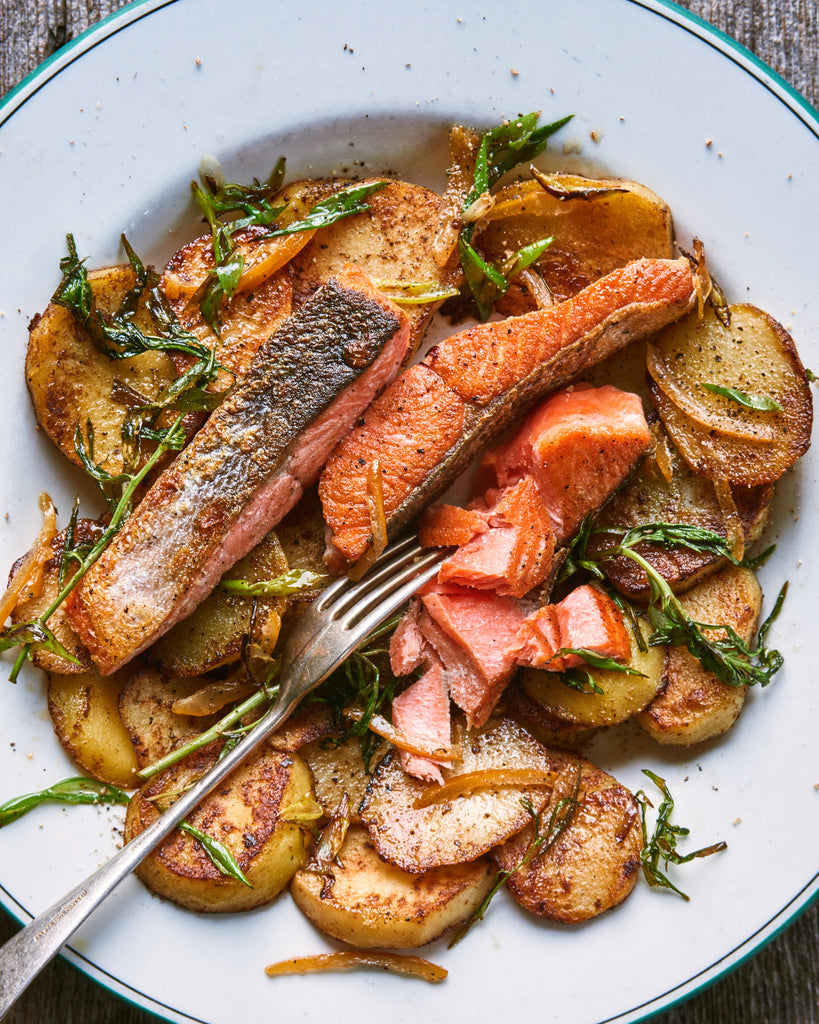 Salmon with Potatoes, Tarragon, Scallions, & Preserved lemon