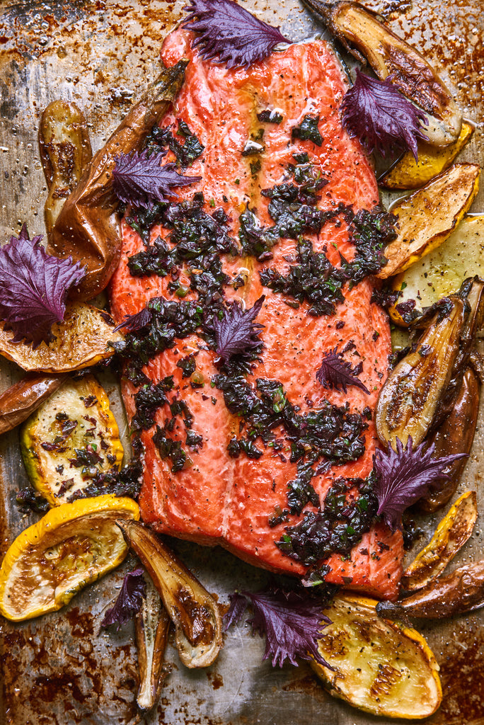 Roasted Salmon with Purple Shiso Chimichurri