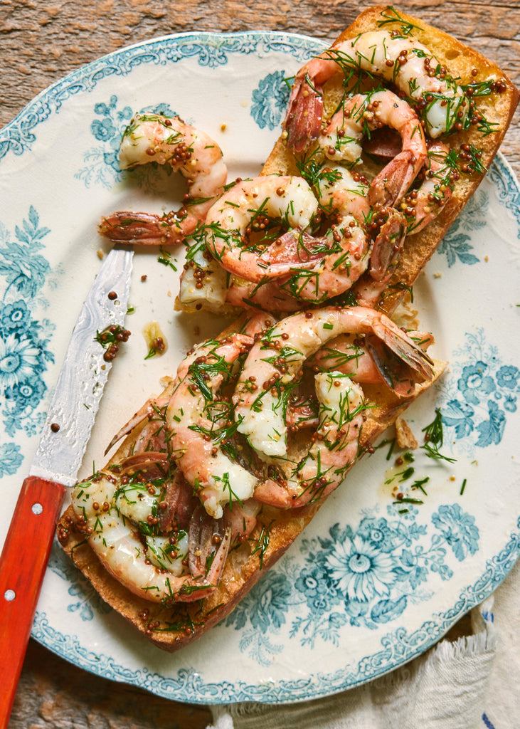 Spot Prawn Toasts with Dill, Chives + Grain Mustard