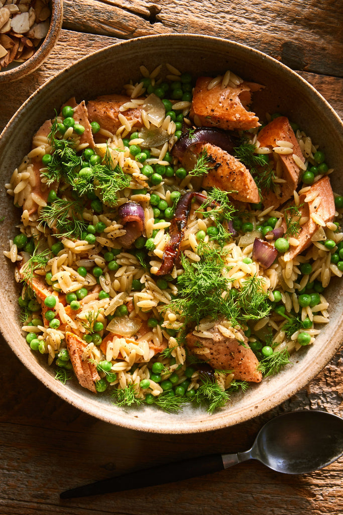 Salmon, Peas, Pickles + Miso Butter Orzo