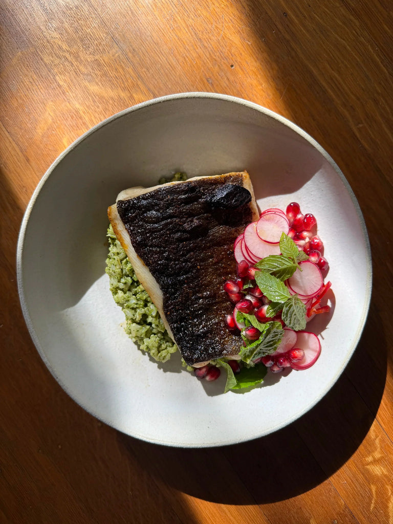 Blackened Black Cod with Cilantro Pesto Rice and Pomegranate